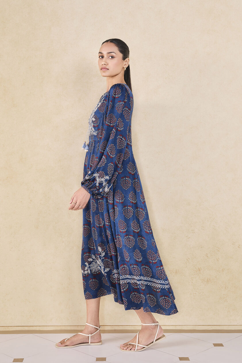 Aze Handcrafted Ajrakh A-Line Dress - Blue, Blue, image 3